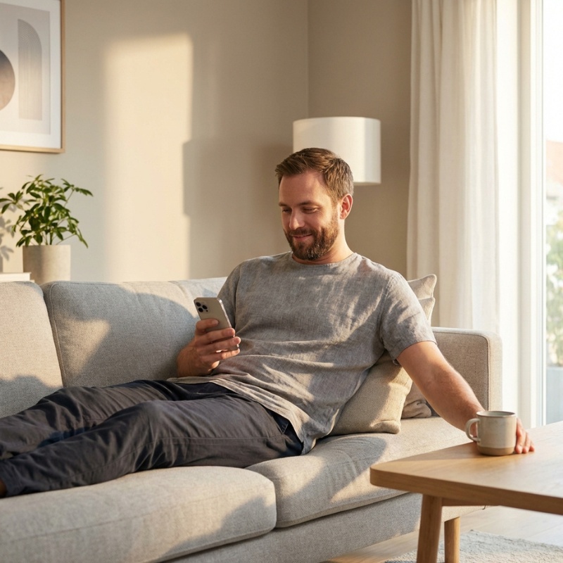 persona che comodamente sul divano acquista calze e intimo sul portale naduf.com