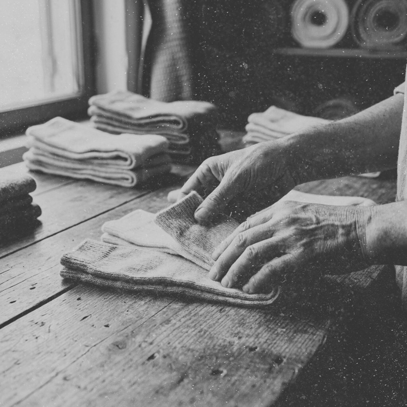 vecchia immagine calzificio con una persona che piega delle calze su un tavolo di legno